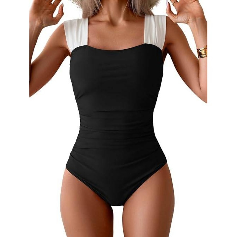 B2prity Womens One Piece Swimsuit Tummy Control Black White Ruched Medium - Picture 1 of 9